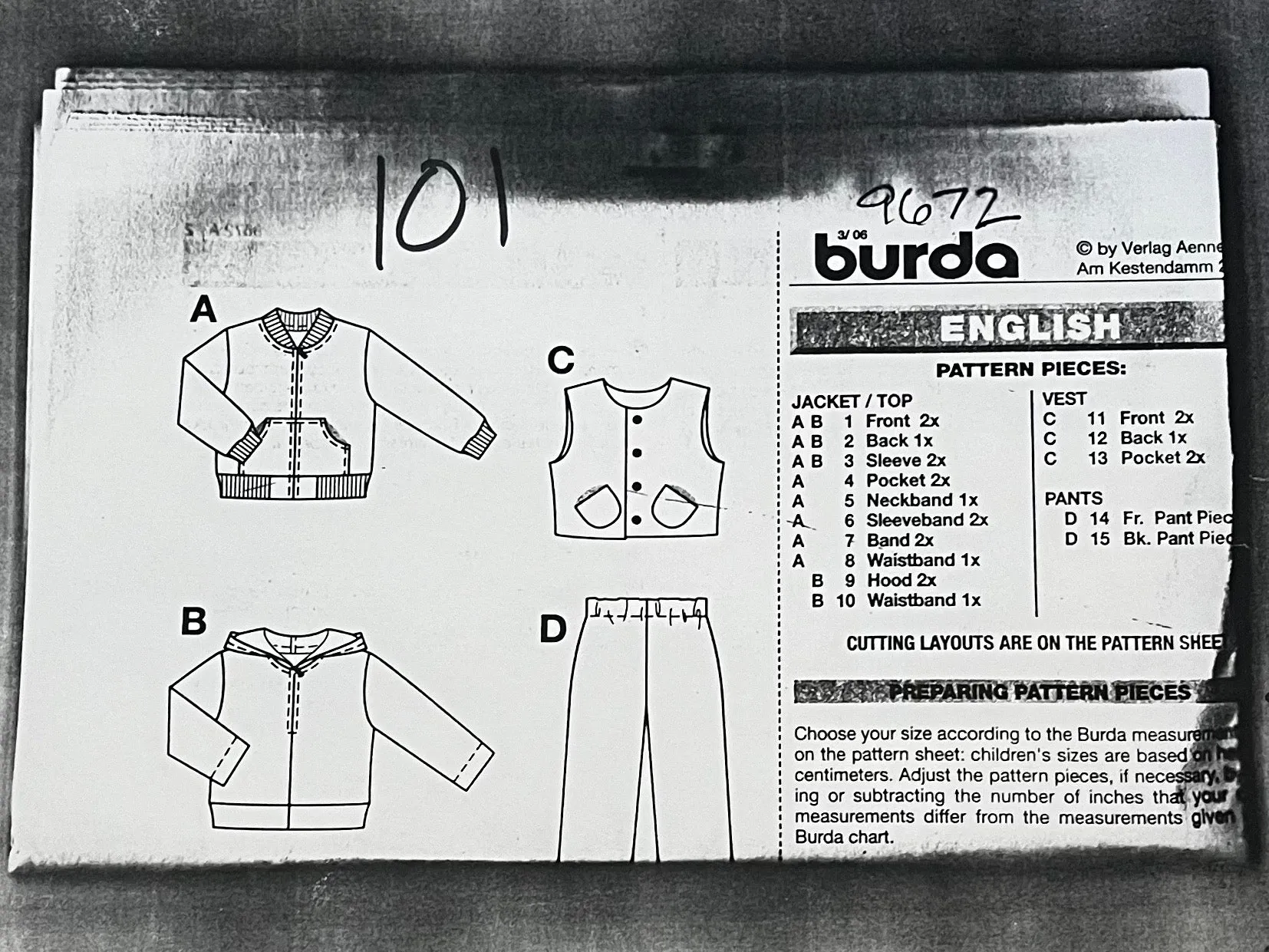 Burda 9672 Sewing Pattern PARTIALLY CUT Childrens' Jacket, Vest, & Pants