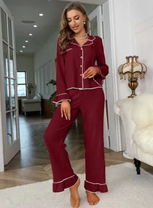 Burgundy Red Frill Detail Long Sleeve Pyjama Set