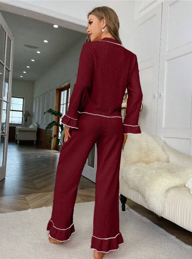 Burgundy Red Frill Detail Long Sleeve Pyjama Set