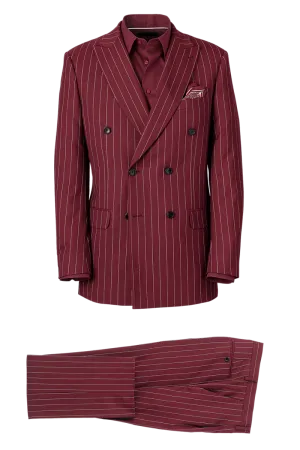 Burgundy Wool Stretch Stripe Double Breasted Suit