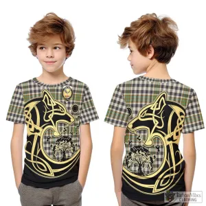 Burns Check Tartan Kid T-Shirt with Family Crest Celtic Wolf Style