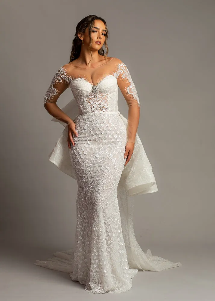 Bustier cups sparkling white lace mermaid dress with sleeves