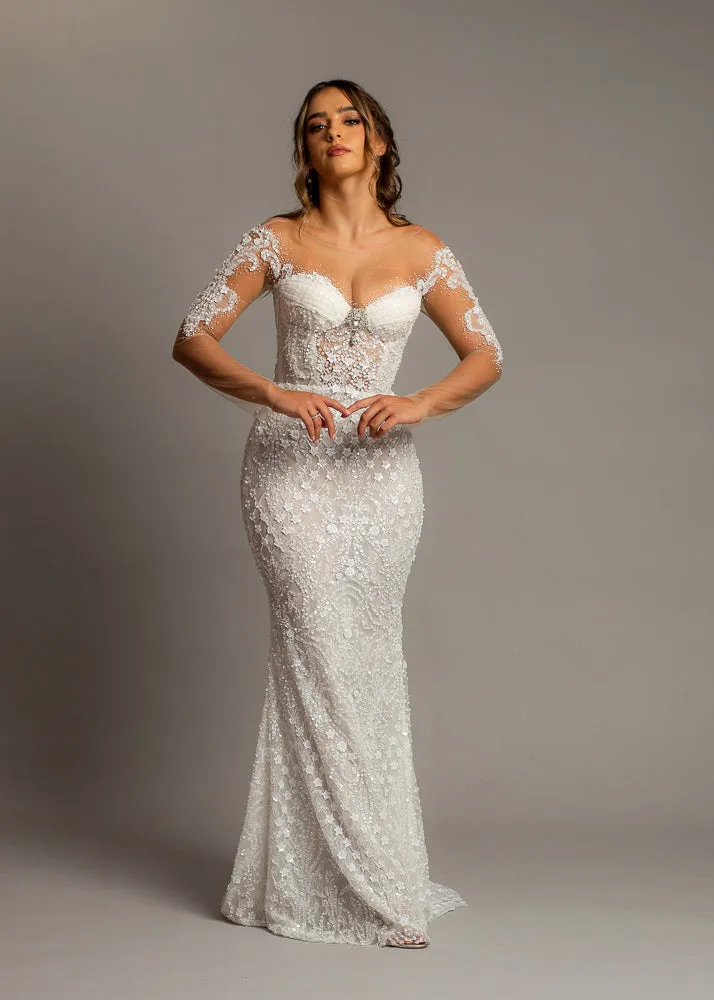 Bustier cups sparkling white lace mermaid dress with sleeves