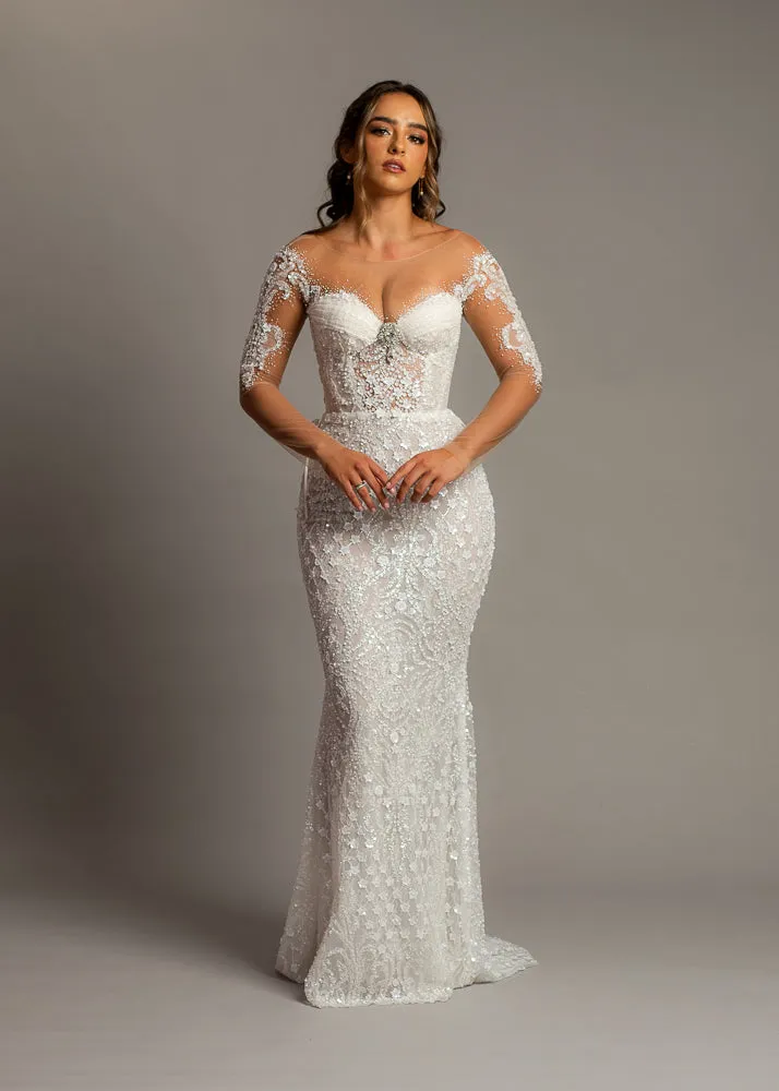 Bustier cups sparkling white lace mermaid dress with sleeves