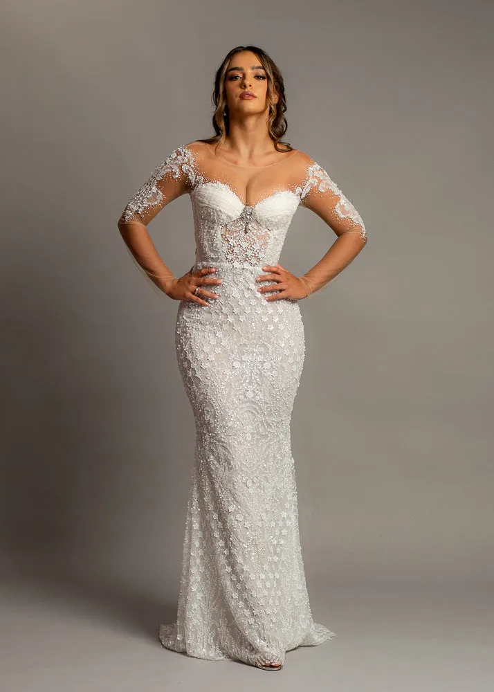 Bustier cups sparkling white lace mermaid dress with sleeves