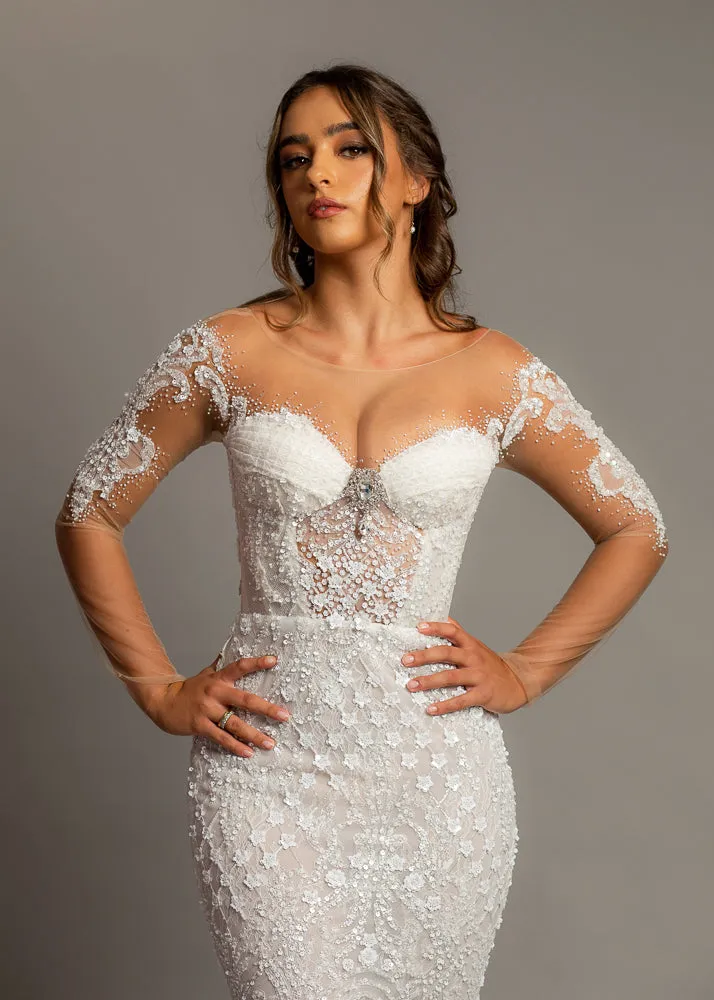 Bustier cups sparkling white lace mermaid dress with sleeves