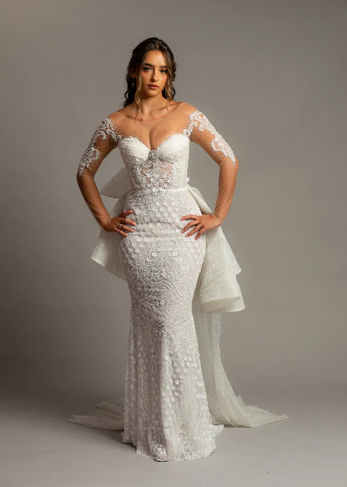 Bustier cups sparkling white lace mermaid dress with sleeves