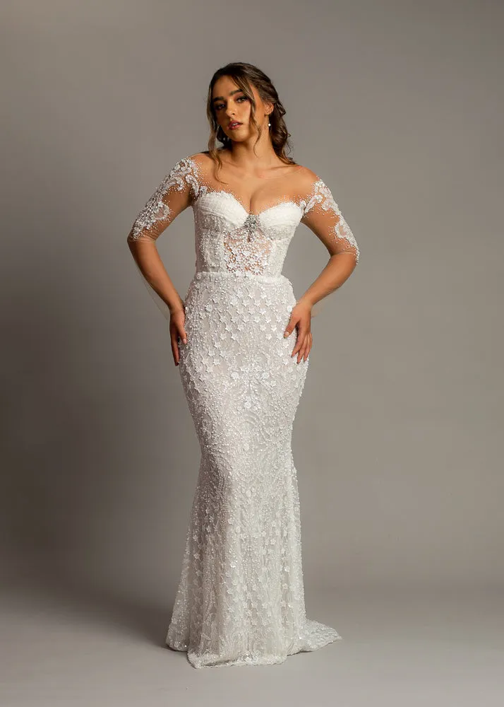 Bustier cups sparkling white lace mermaid dress with sleeves