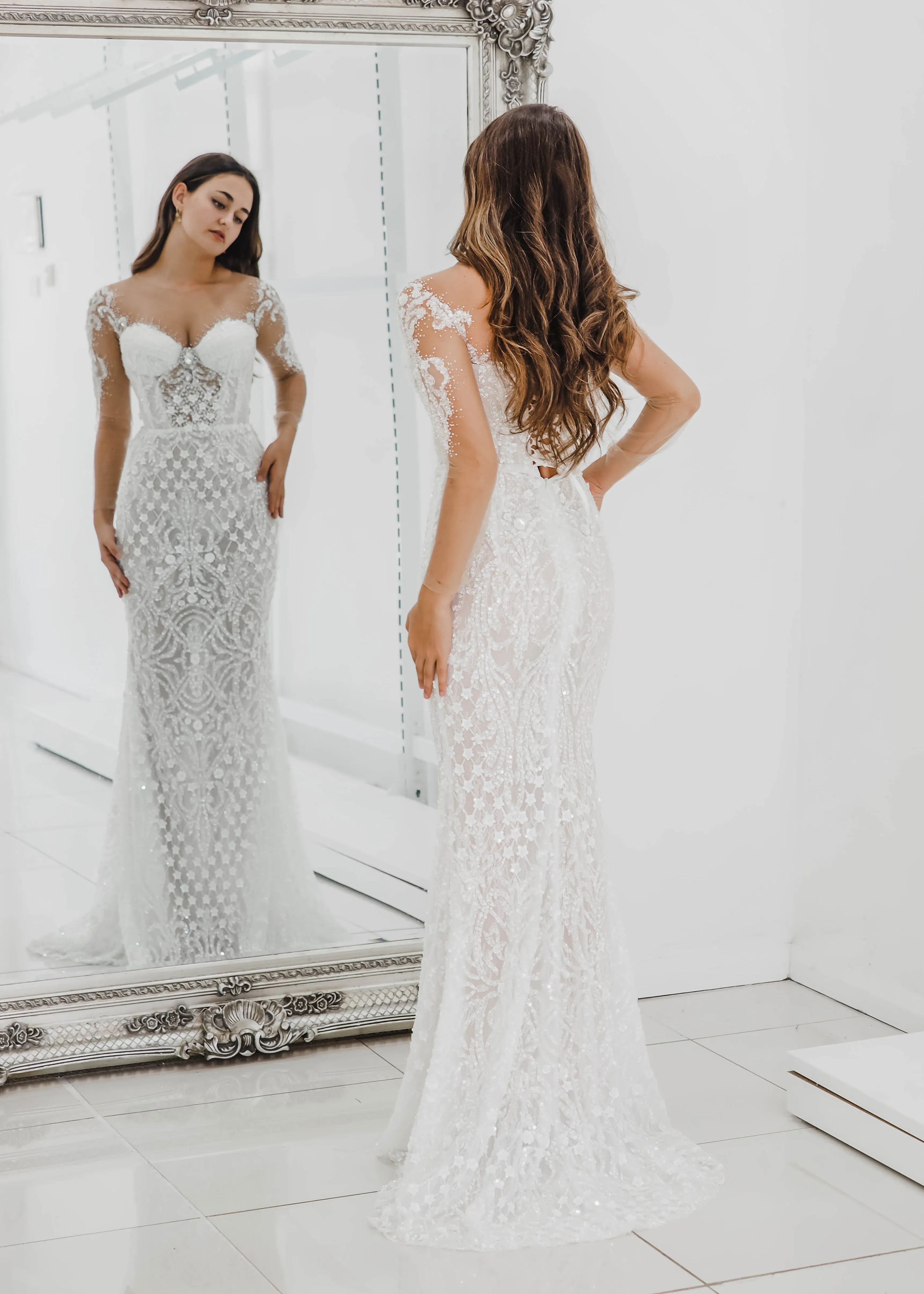 Bustier cups sparkling white lace mermaid dress with sleeves