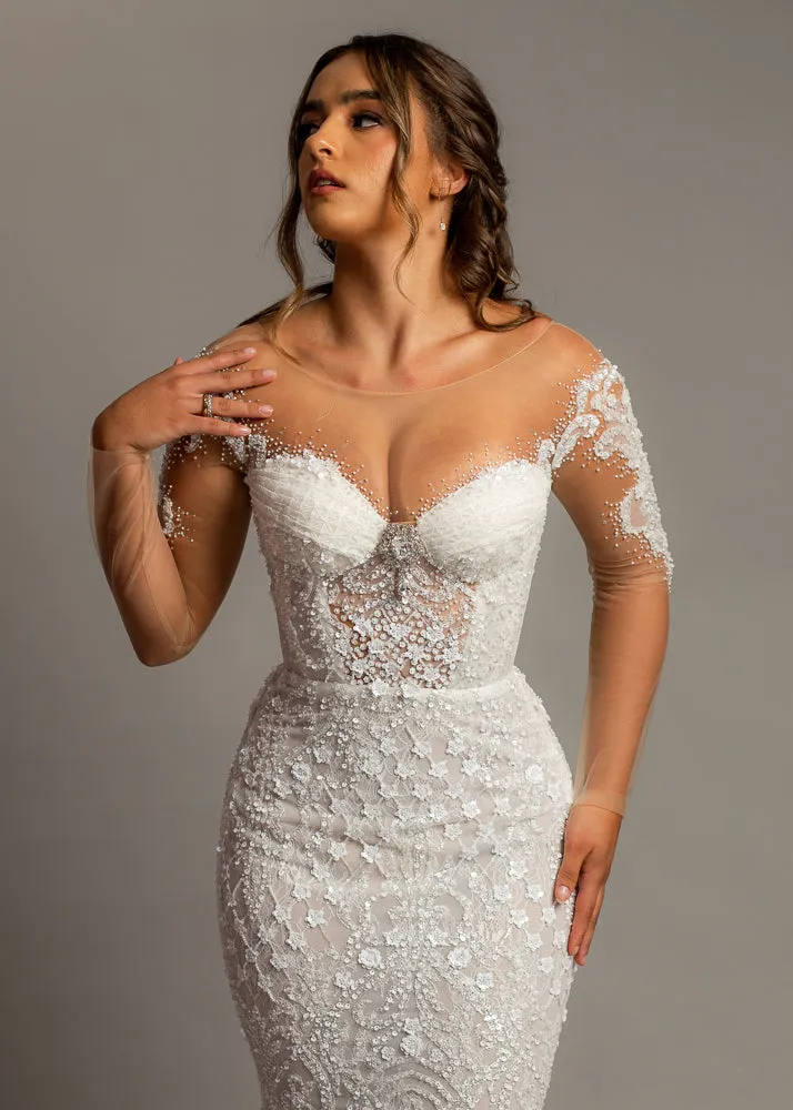 Bustier cups sparkling white lace mermaid dress with sleeves