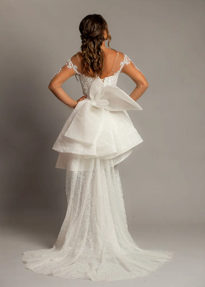 Bustier cups sparkling white lace mermaid dress with sleeves