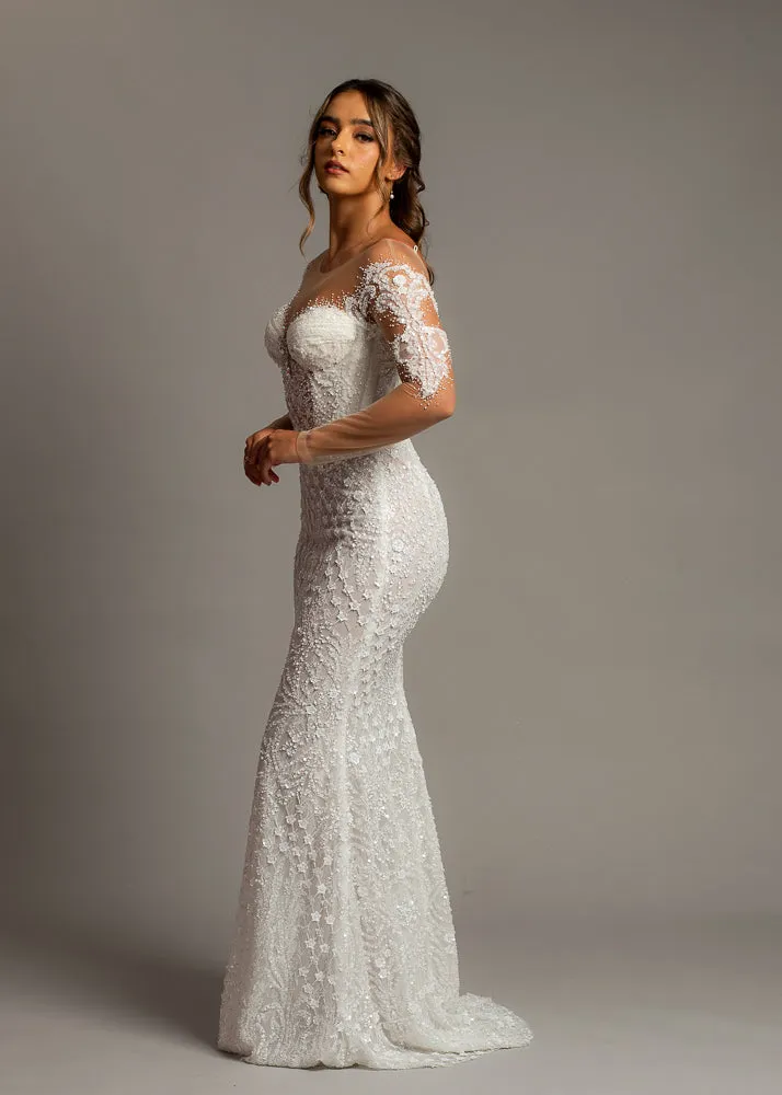 Bustier cups sparkling white lace mermaid dress with sleeves