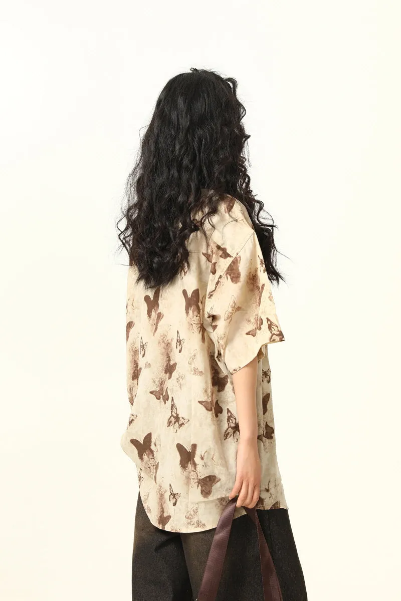 Butterfly Print Vintage Short Sleeve Shirt