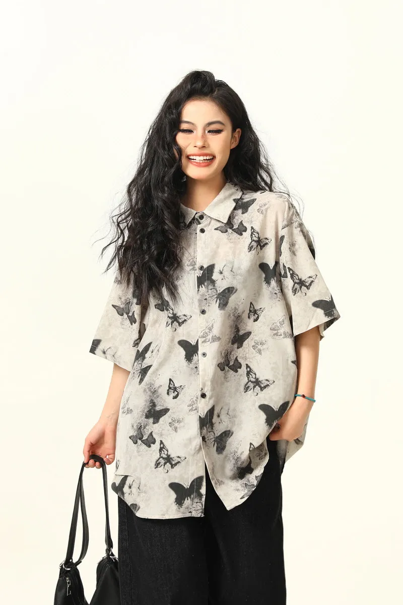 Butterfly Print Vintage Short Sleeve Shirt