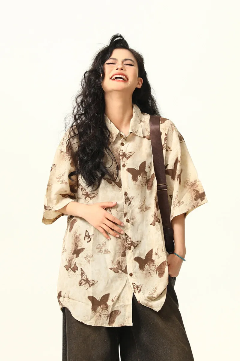 Butterfly Print Vintage Short Sleeve Shirt