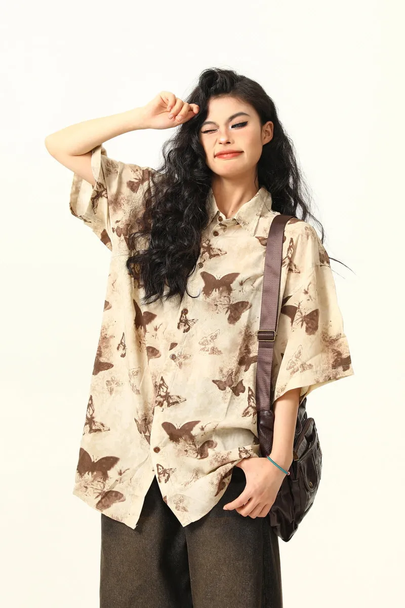 Butterfly Print Vintage Short Sleeve Shirt