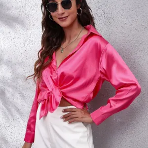 Button Front Long Sleeve V-neck Soft Satin Office Shirts