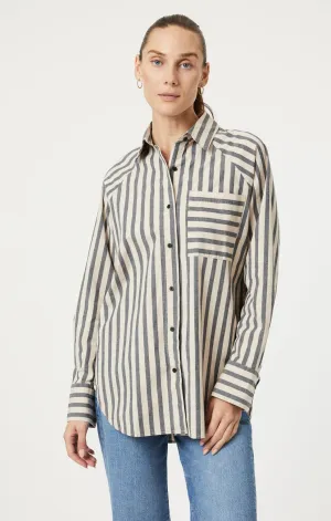 BUTTON-UP LONG SLEEVE SHIRT IN BEIGE BOLD STRIPE