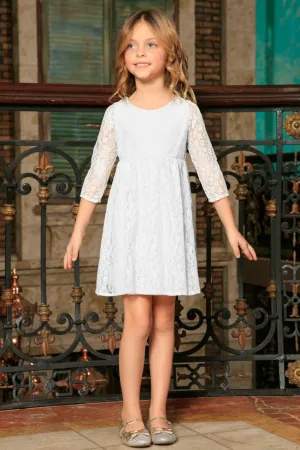 BUY 1 GET 4 FREE! White Stretchy Lace Empire Waist Three-Quarter Sleeve Dress - Girls