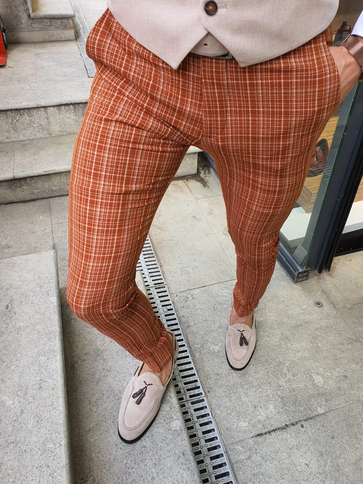 Buy Orange Slim Fit Check Pants by GentWith with Free Shipping