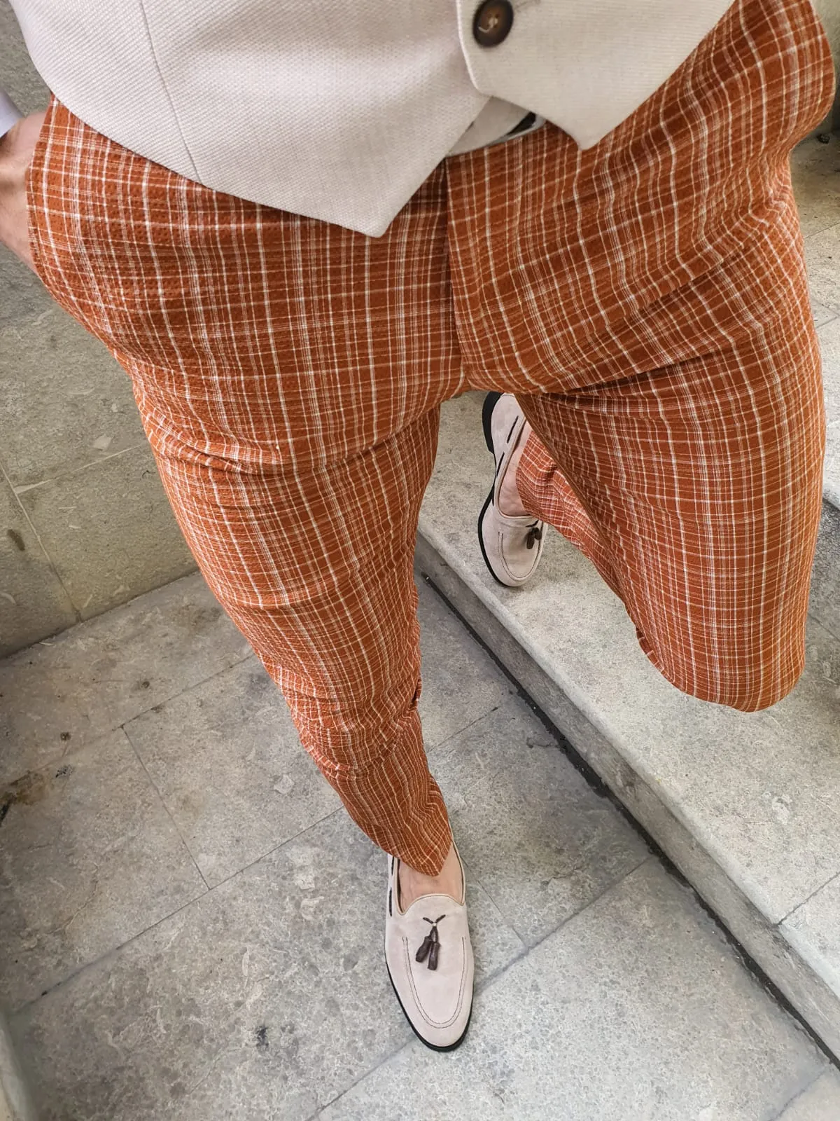 Buy Orange Slim Fit Check Pants by GentWith with Free Shipping