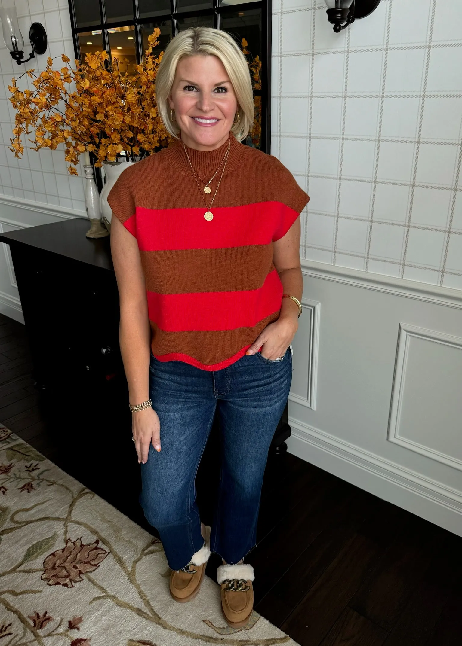 Camel & Red Striped Knit Top