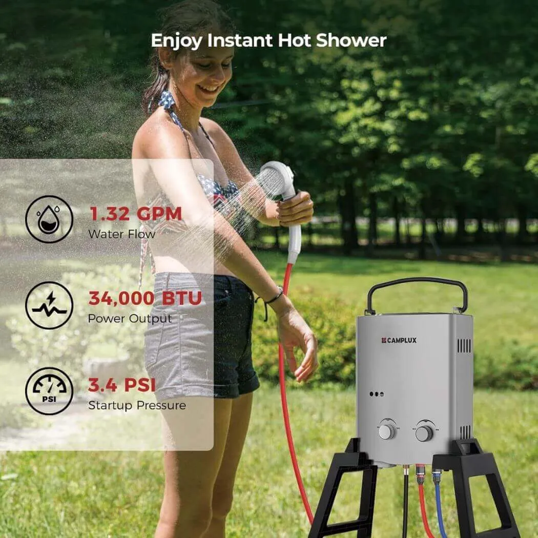 Camplux Outdoor Portable Water Heater w/ Stand & Storage Bag - Silver