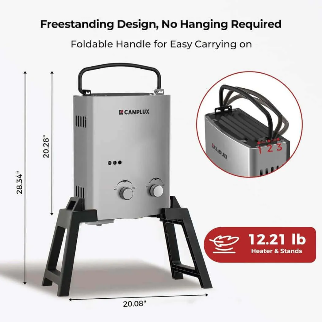 Camplux Outdoor Portable Water Heater w/ Stand & Storage Bag - Silver