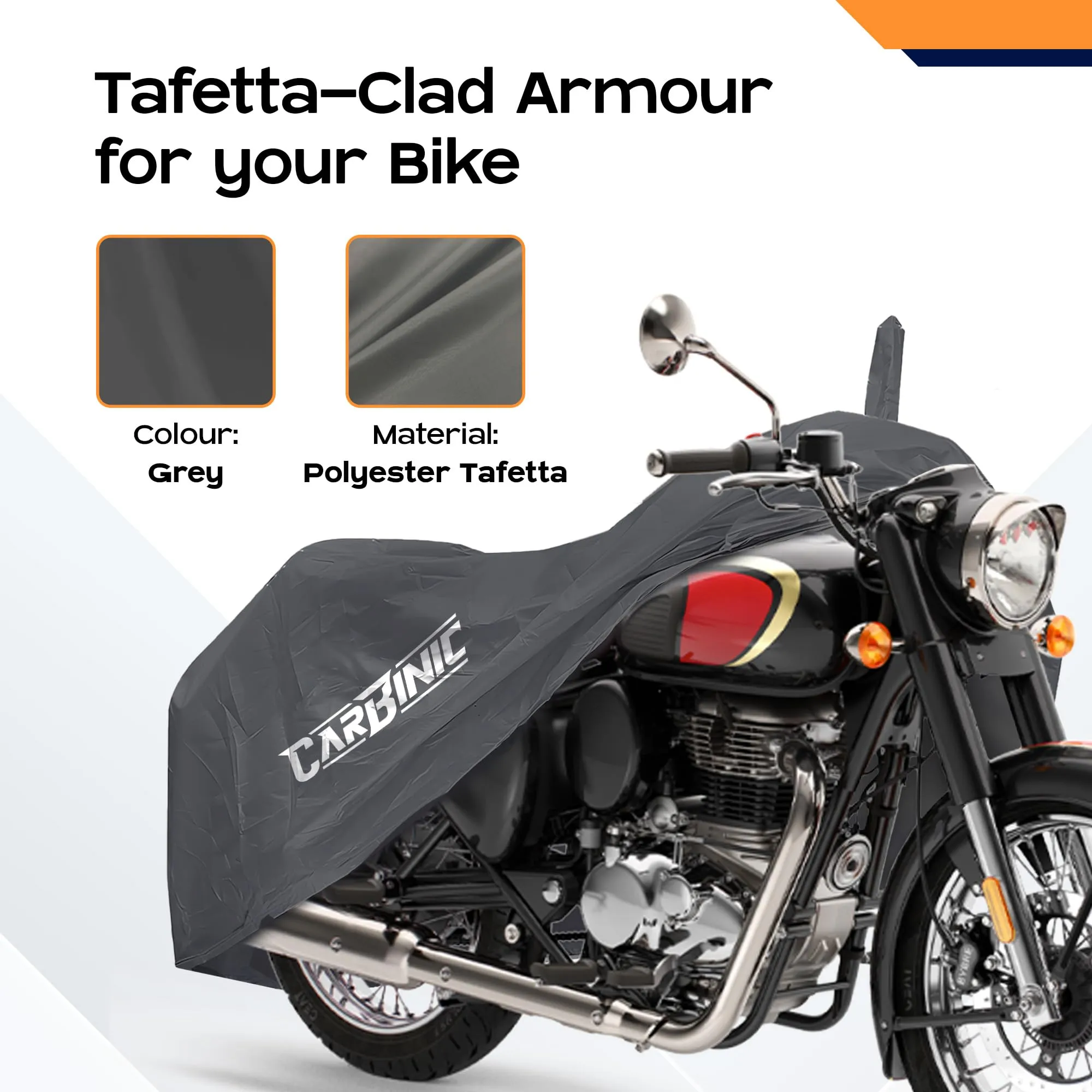 CARBINIC Water Resistant Bike Cover | Enfield Classic Kawaski Ninja KTM Suzuki Benelli | Two Wheeler Bike Cover | Dustproof Bike Accessories | UV Proof Scratchproof with Mirror Pocket | Grey