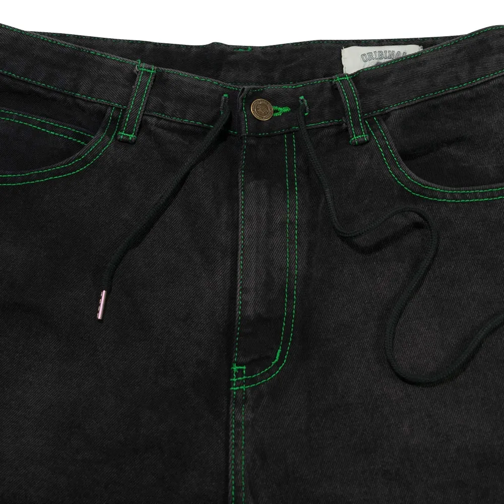 CARPENTER LOOSEFIT DENIM SHORT PANTS BLACK GREEN STITCH