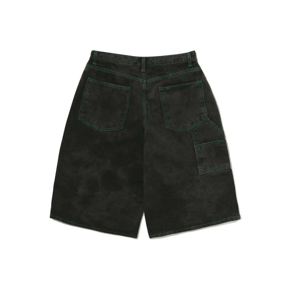 CARPENTER LOOSEFIT DENIM SHORT PANTS BLACK GREEN STITCH