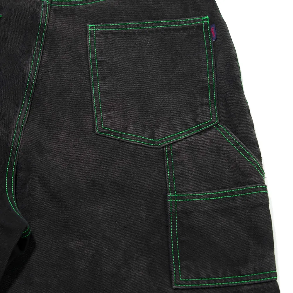 CARPENTER LOOSEFIT DENIM SHORT PANTS BLACK GREEN STITCH