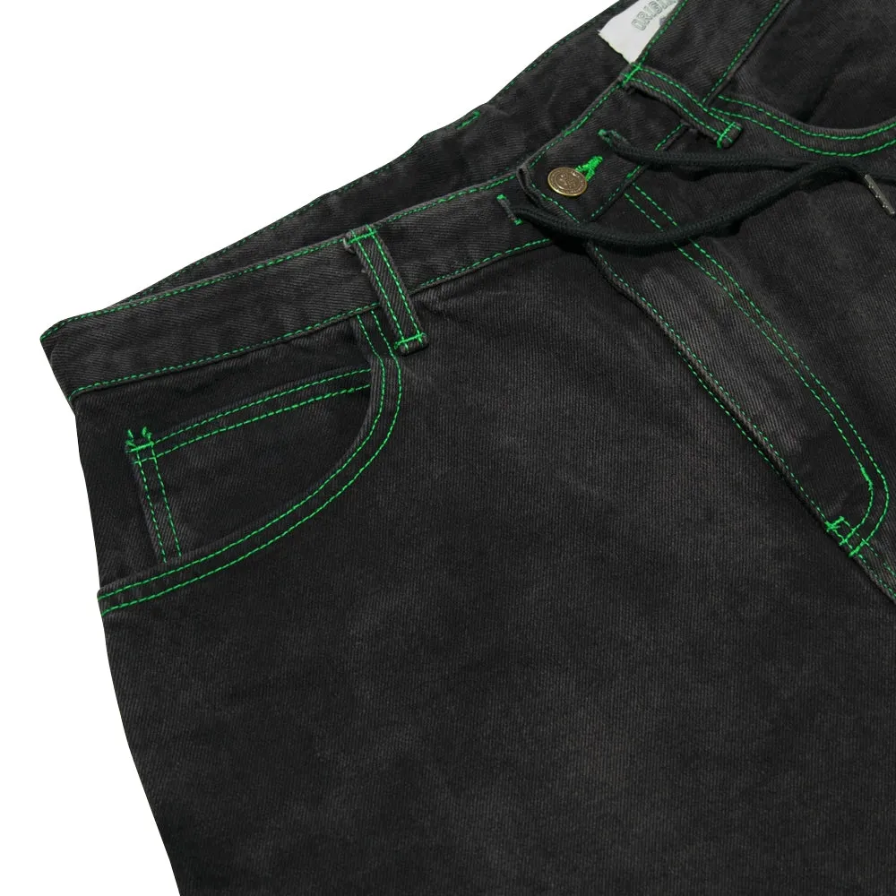 CARPENTER LOOSEFIT DENIM SHORT PANTS BLACK GREEN STITCH