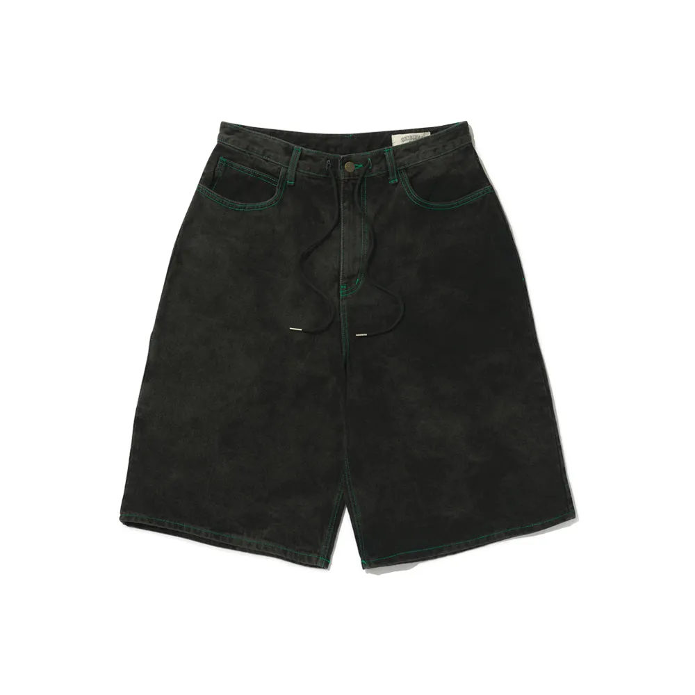 CARPENTER LOOSEFIT DENIM SHORT PANTS BLACK GREEN STITCH
