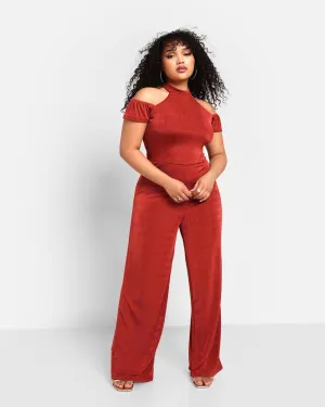 Cassie Slinky Cold Shoulder Wide Leg Jumpsuit - Brick | Red