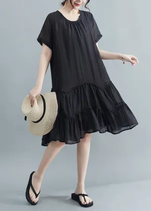 Casual Black O-Neck Patchwork Wrinkled Cotton Dresses Summer LY7204