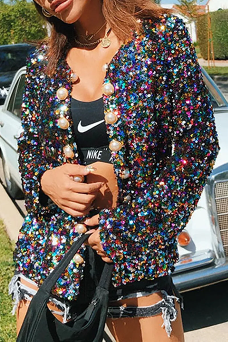 Casual Color Block Sequins Buttons O Neck Outerwear