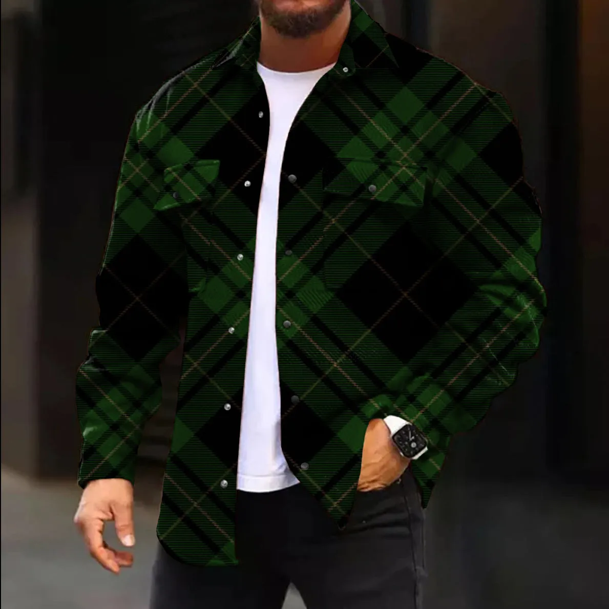 Casual Jacket Fashion Check Print Long Sleeve Pocket Jacket