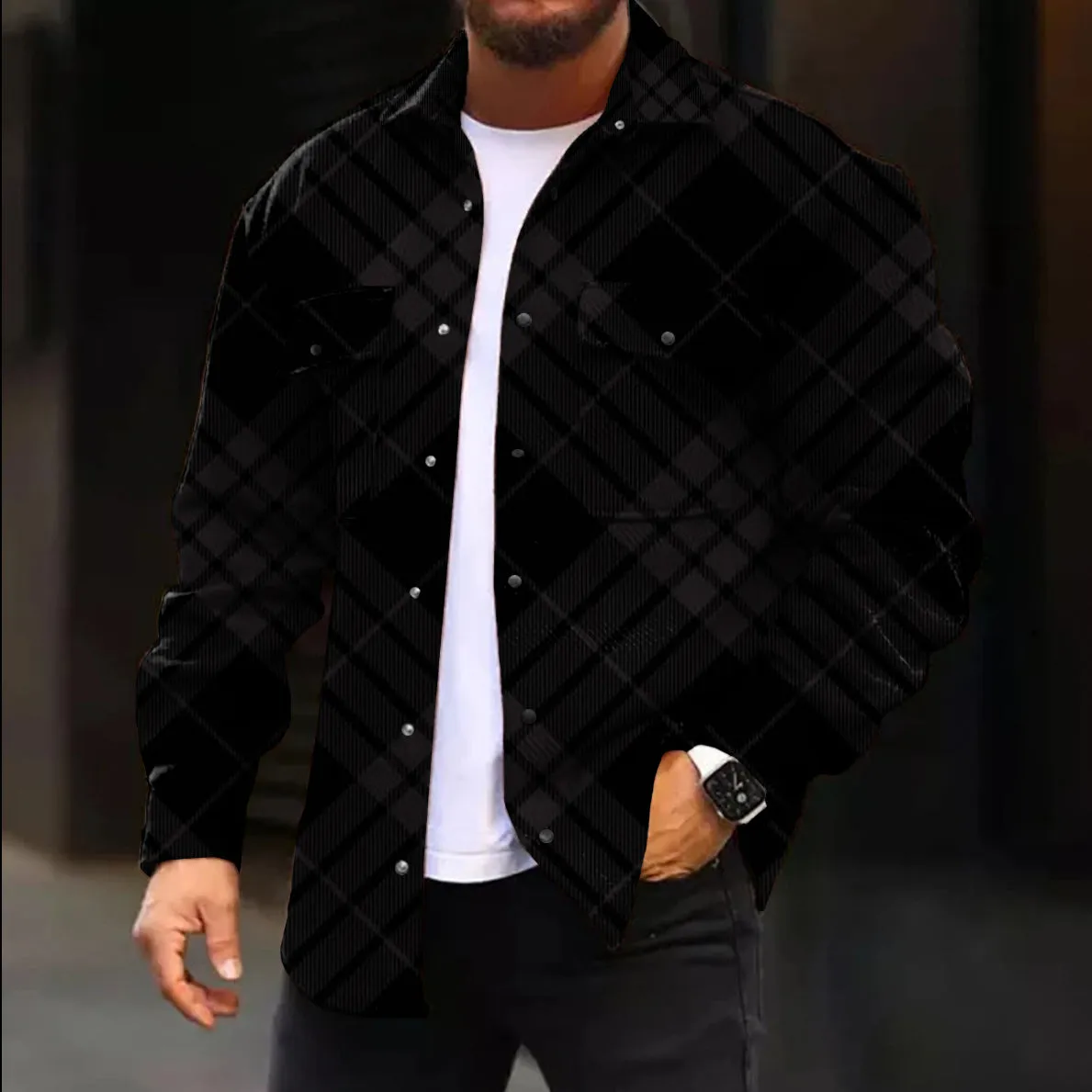 Casual Jacket Fashion Check Print Long Sleeve Pocket Jacket