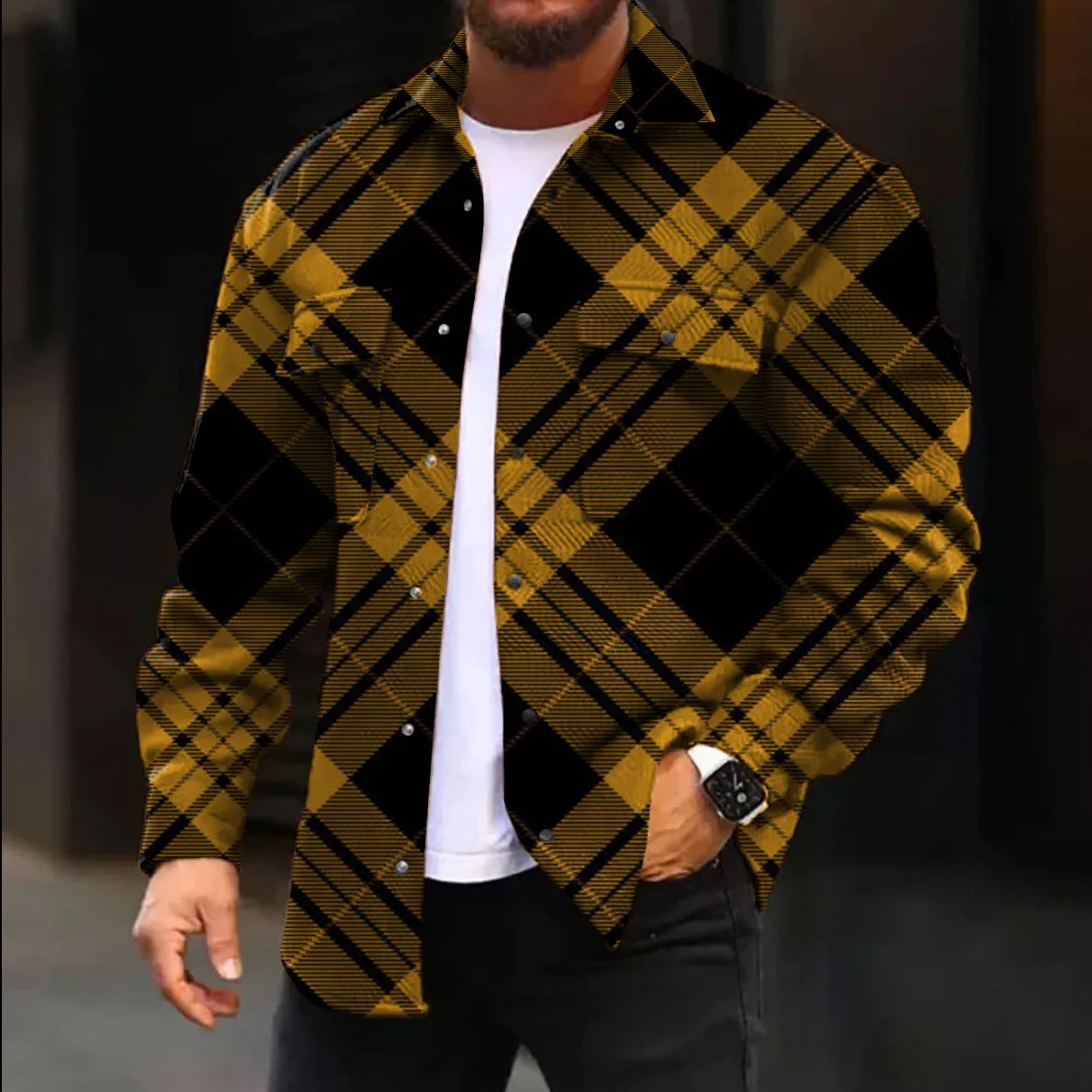 Casual Jacket Fashion Check Print Long Sleeve Pocket Jacket