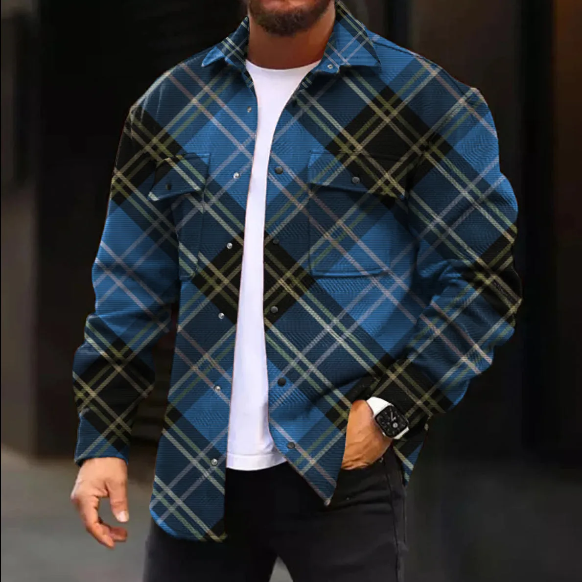Casual Jacket Fashion Check Print Long Sleeve Pocket Jacket