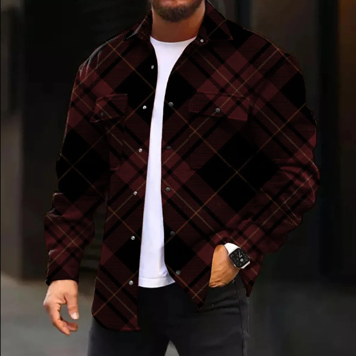 Casual Jacket Fashion Check Print Long Sleeve Pocket Jacket