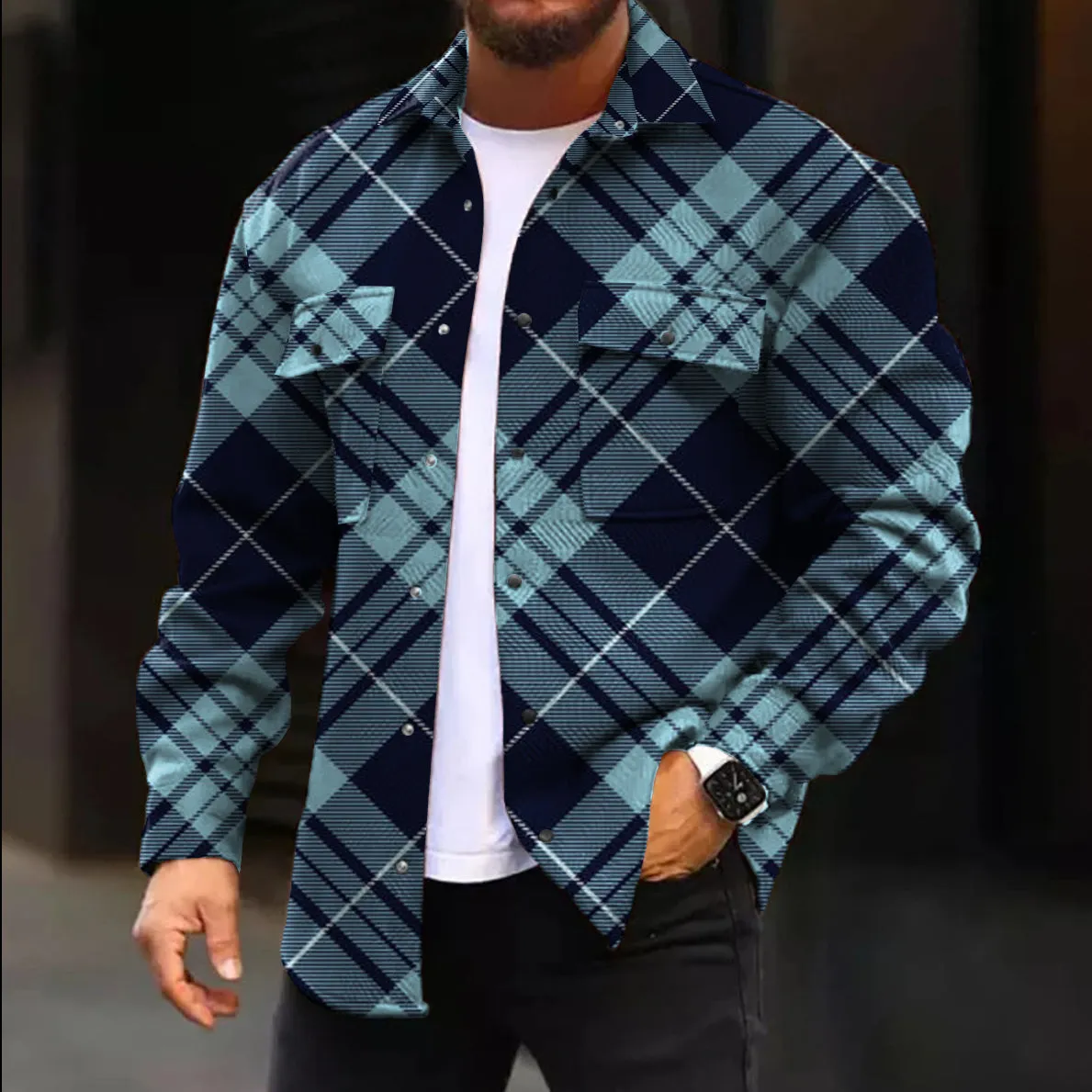 Casual Jacket Fashion Check Print Long Sleeve Pocket Jacket