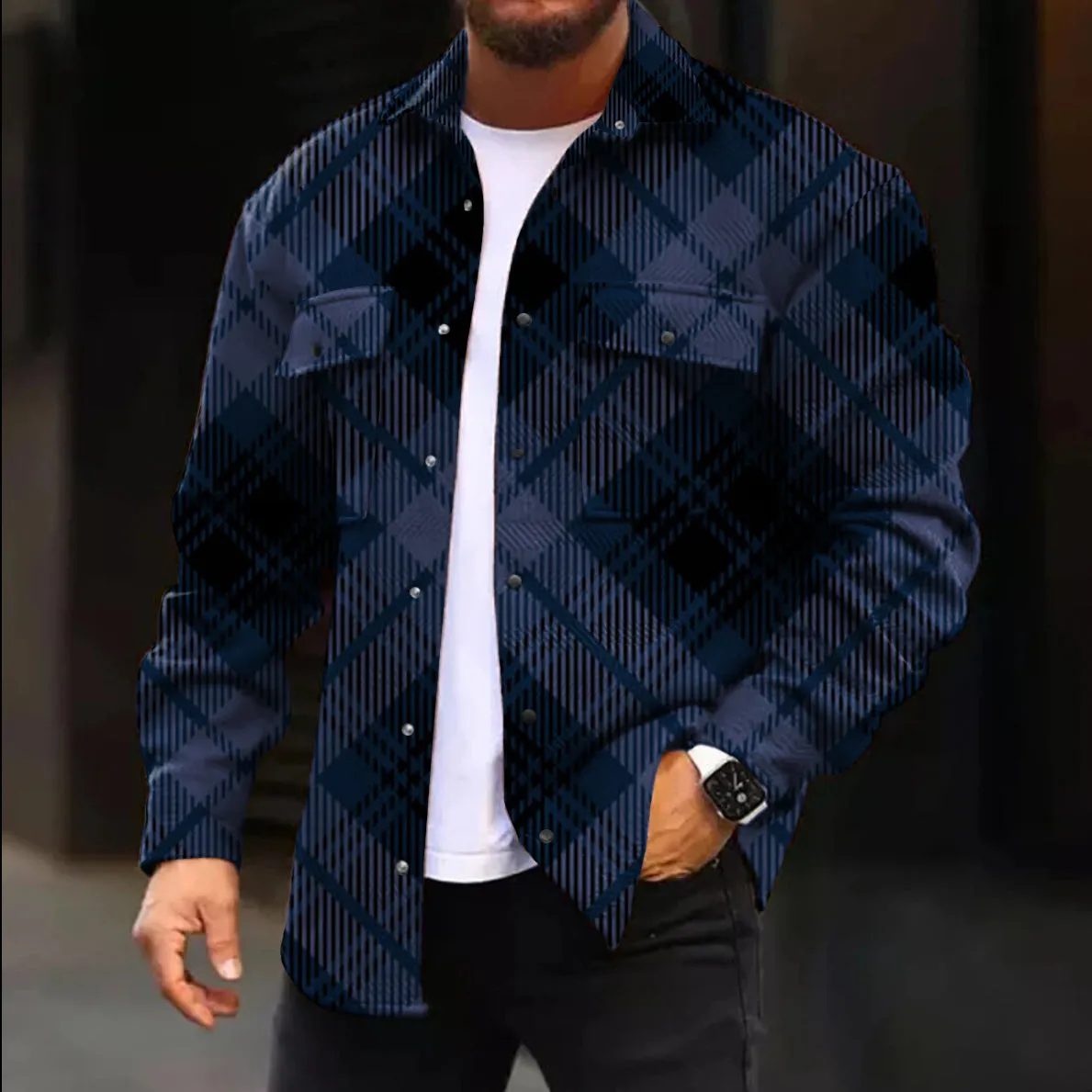 Casual Jacket Fashion Check Print Long Sleeve Pocket Jacket