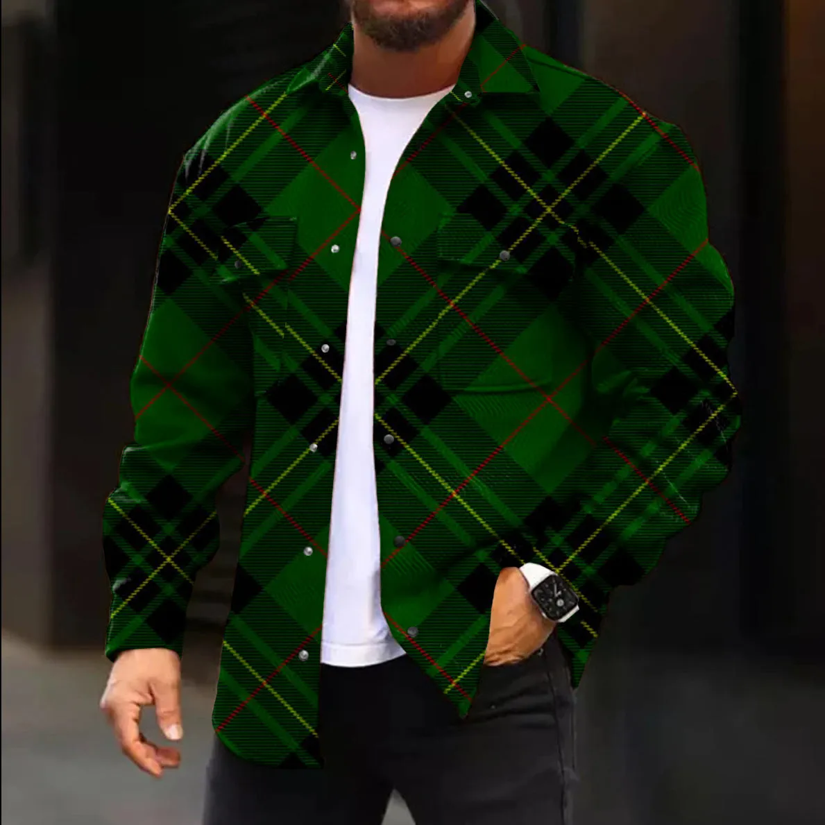 Casual Jacket Fashion Check Print Long Sleeve Pocket Jacket