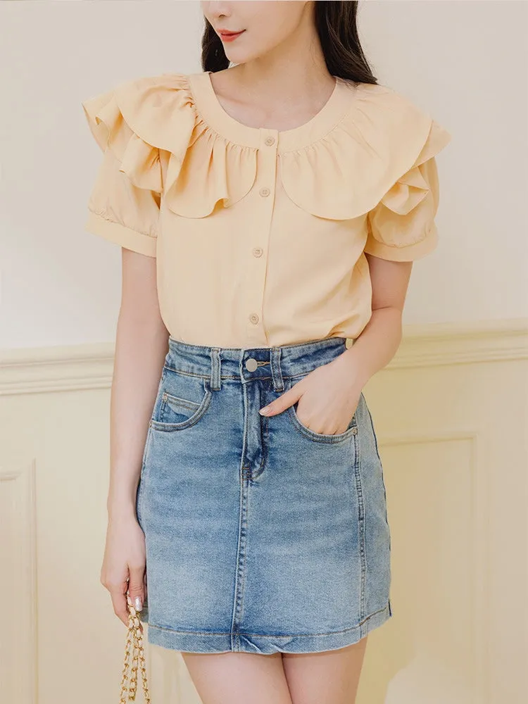 Casual Korean Ruffles Button Short Sleeve Blouse Shirt Top