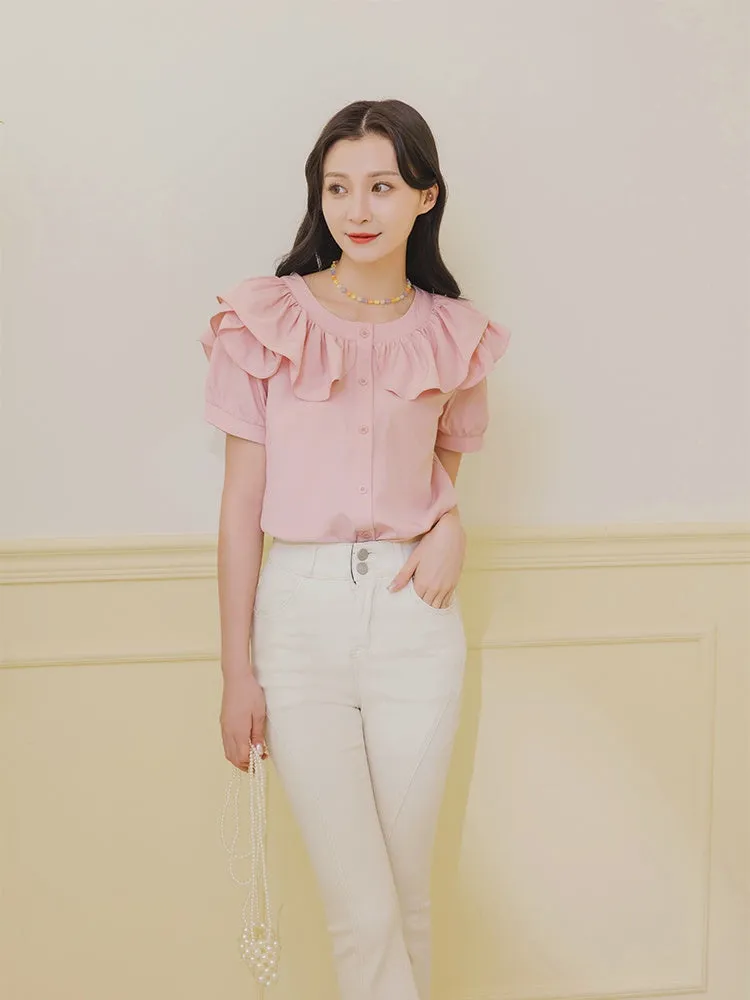 Casual Korean Ruffles Button Short Sleeve Blouse Shirt Top