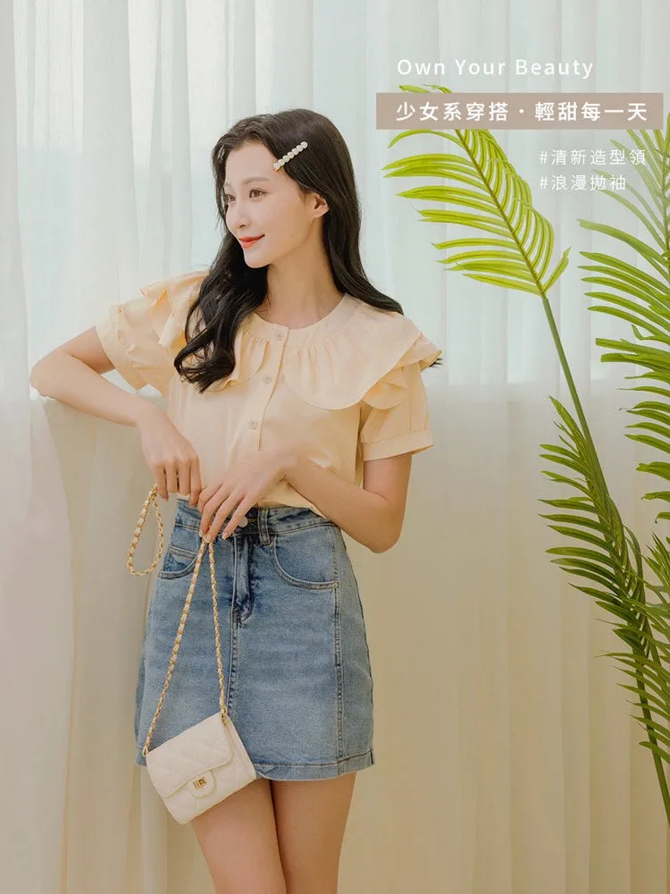 Casual Korean Ruffles Button Short Sleeve Blouse Shirt Top