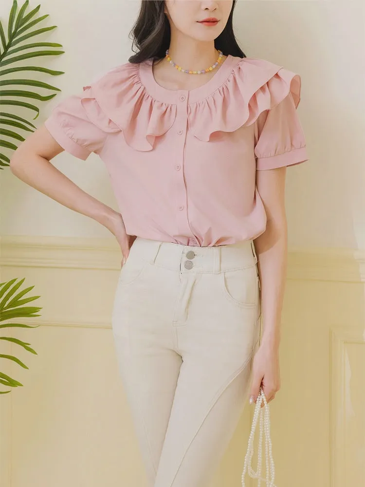 Casual Korean Ruffles Button Short Sleeve Blouse Shirt Top