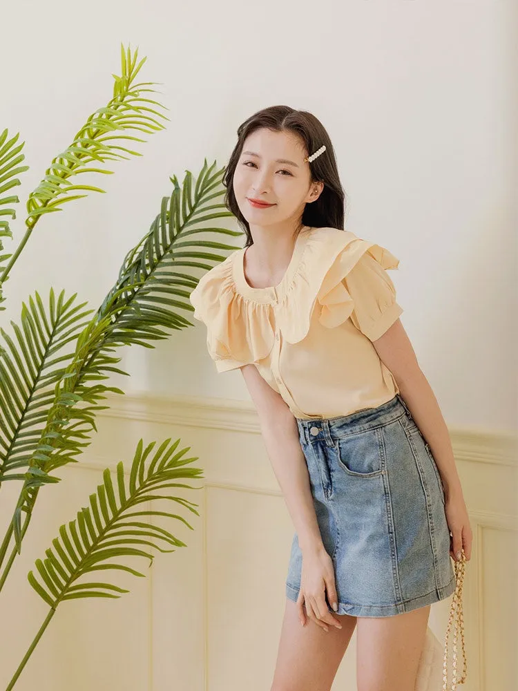 Casual Korean Ruffles Button Short Sleeve Blouse Shirt Top